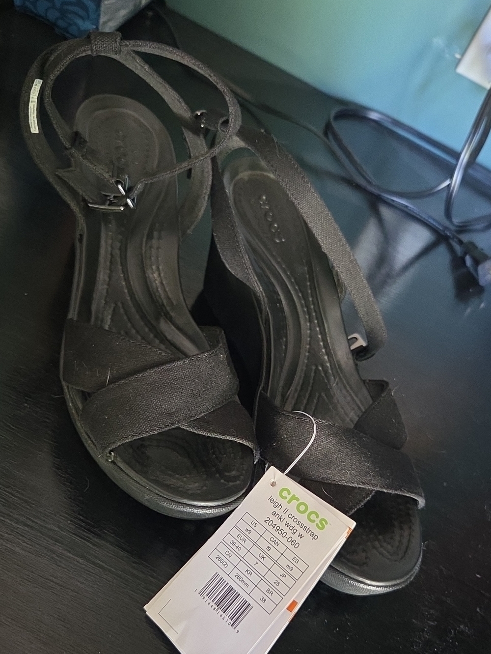 CROCS Women's Black Wedge Ankle-Strap Sandals
